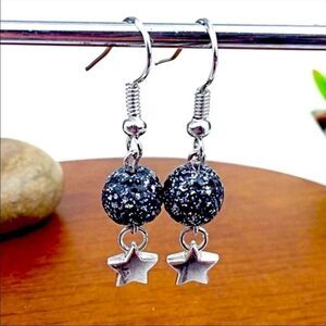 Silver Star Drop Earrings with Black Glitter Beads